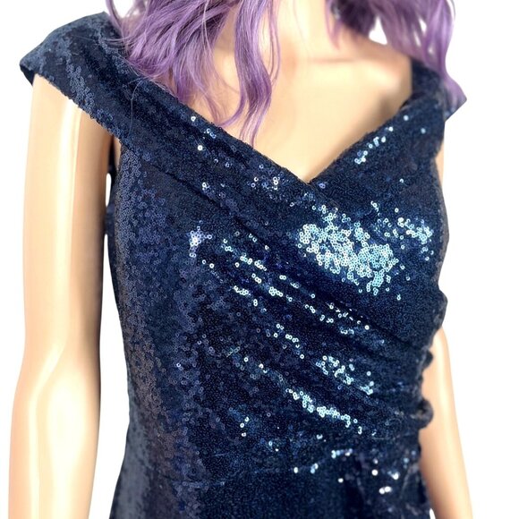 Vintage Marina Navy Blue Sequined Gown Size 12 Off The Shoulder Formal - Picture 2 of 14